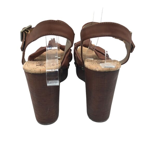 Korks Brown Cork Dawson Wedge Sandals Ankle Strap & Bow Faux Leather 11 M - Picture 4 of 7